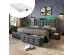 Cama Con Almacenamiento De 140x200 Cm, Iluminación Led, 4 Cajones, Color Gris Algodón, Madera Y Metal. Incluye Colchón.