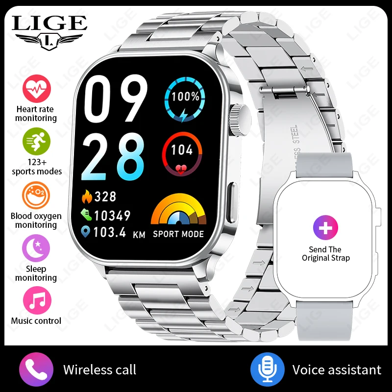 Reloj inteligente (plateado, brazalete de acero), 2,01 pulgadas, monitor de frecuencia cardíaca, llamadas Bluetooth, resistencia al agua IP68.