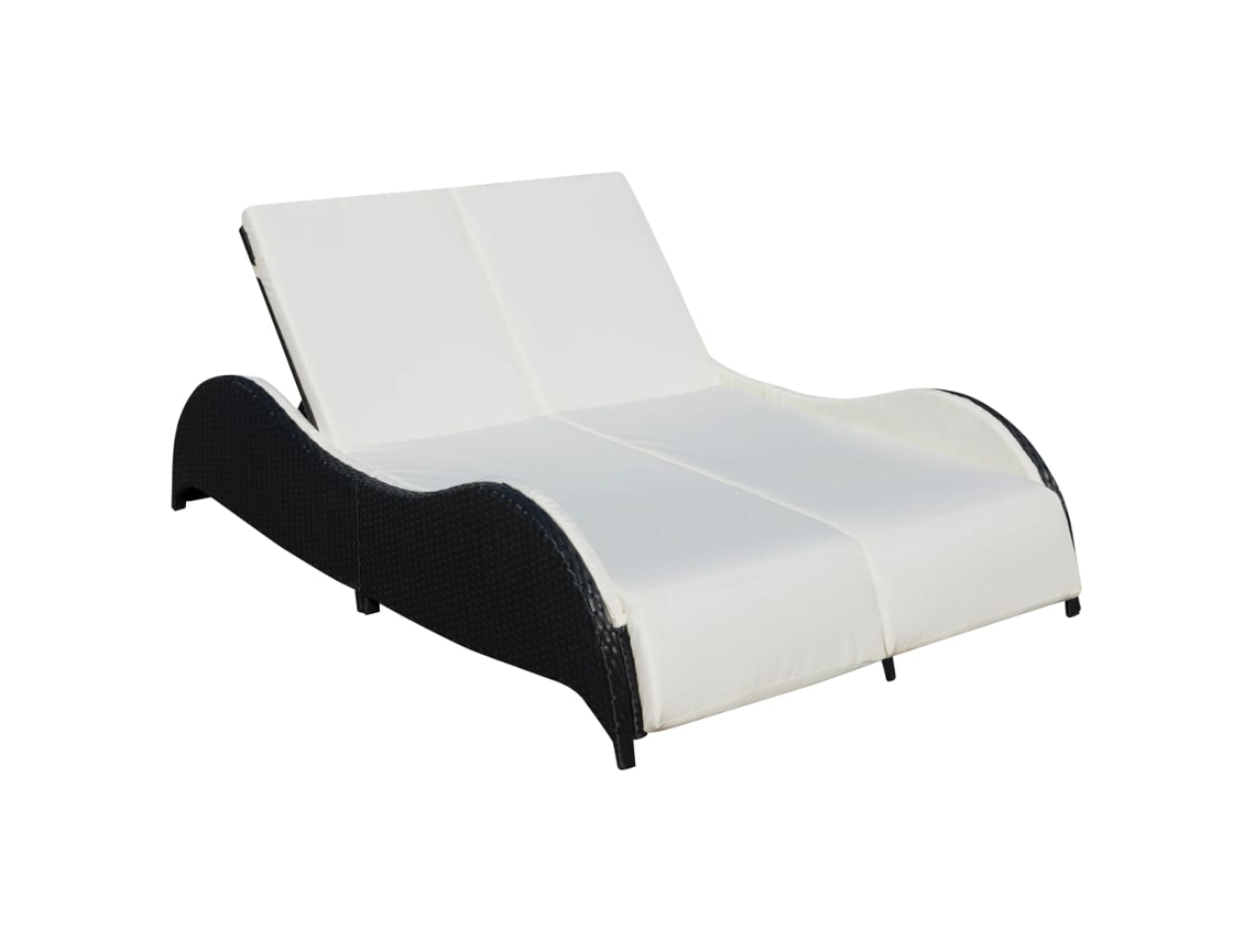 Tumbona doble Mueble para patio Asiento de jardín con cojín de ratán sintético negra