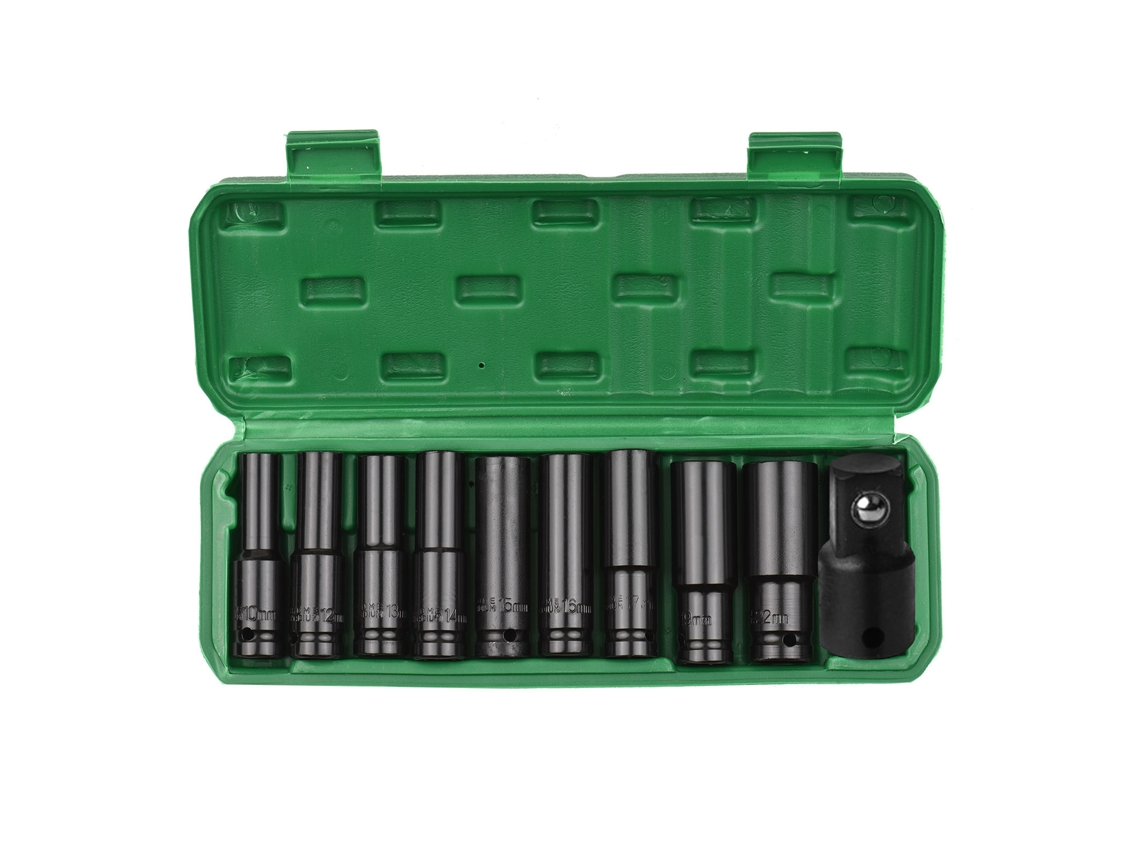 Juego De 10 Llaves De Impacto Profundas Métricas Cr-v De 1/2 Pulgada Con Adaptador De 3/8 De Pulgada Y Estuche.