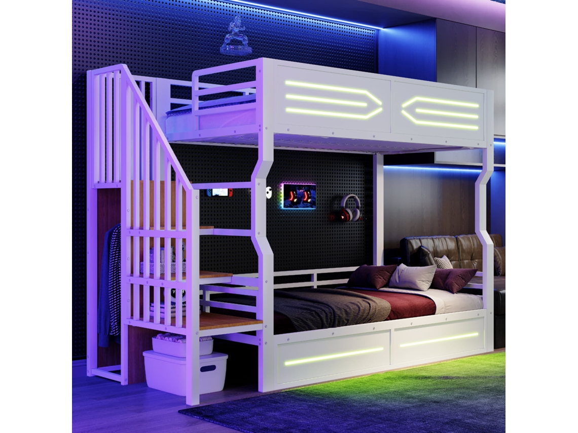 Cama De Hierro De 90x200 Con Espacio De Almacenamiento, Escalera, Armario, Luces Led Y Barandilla Blanca.