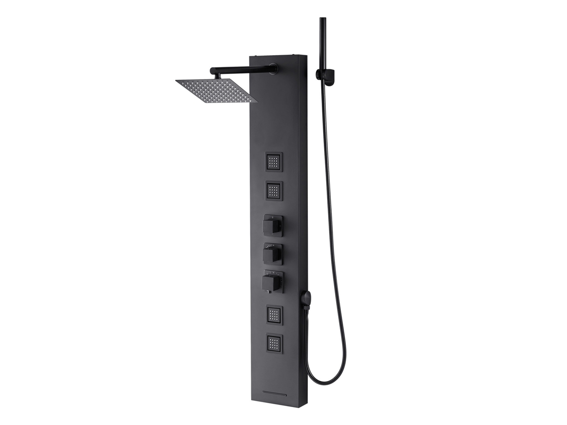 Sistema de ducha de columna Succebuy en acero inoxidable negro, dimensiones 1240 x 200 x 545 mm