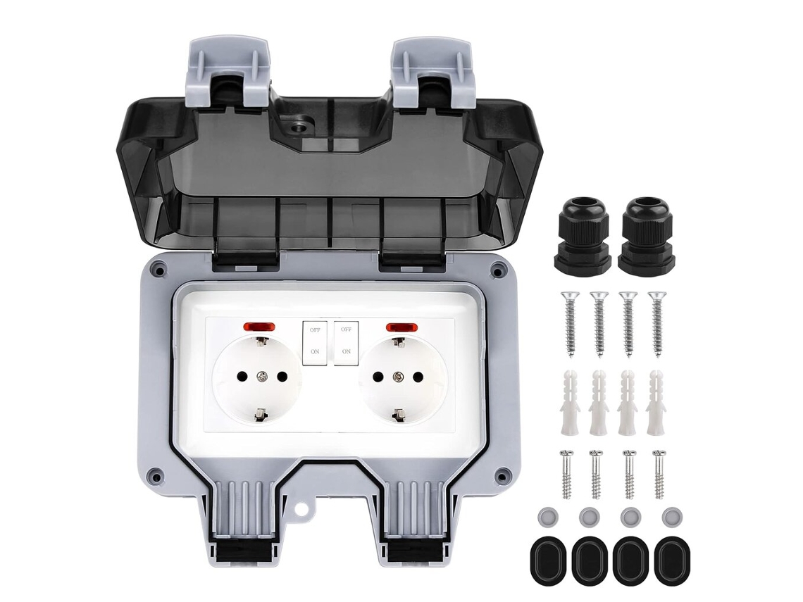 Enchufe Exterior Ip66 Con Protección Contra La Intemperie, Enchufe Doble Con Interruptor, Contacto De Protección Para Zonas Húmedas Y Exteriores.