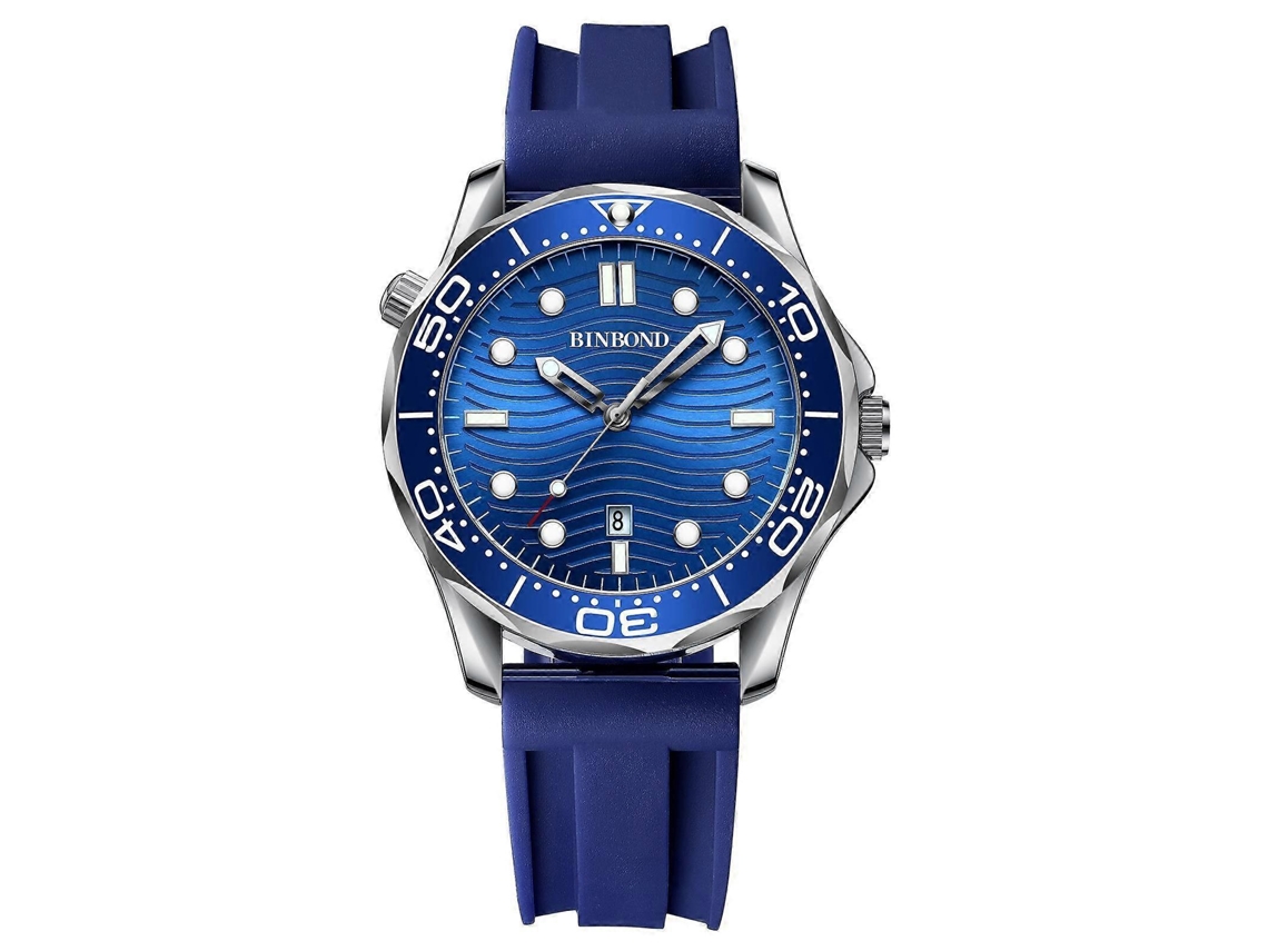 Reloj deportivo de cuarzo Hengrongshen para hombre, luminoso, resistente al agua, de acero blanco y azul, con silicona, Binbond B2820, 30 m