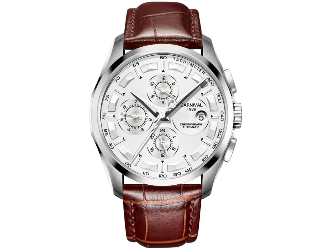 Reloj de hombre con funciones complejas, acero inoxidable, correa de piel marrón y oro rosa.
