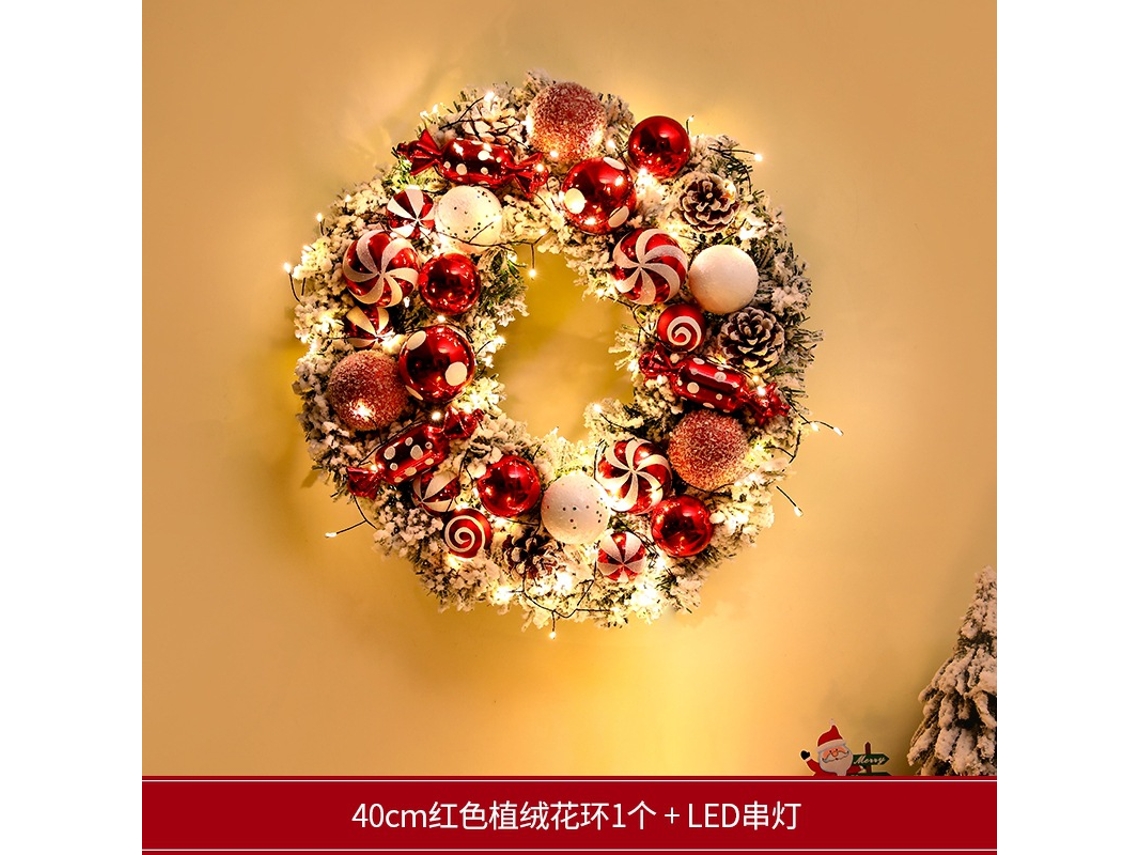 Adornos navideños Corona navideña para ventana Adornos navideños Guirnalda flocada roja de 16 pulgadas Luces Chennnls