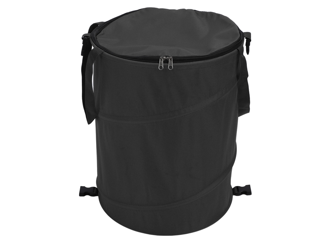 Cubo de basura portátil de gran capacidad para camping con tapa negra.
