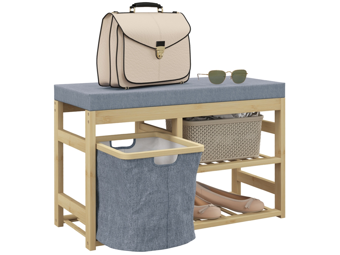 Zapatero móvil de bambú con asiento, cesta extraíble y estantes abiertos para 4 pares de zapatos, 69x30x45 cm, Madera