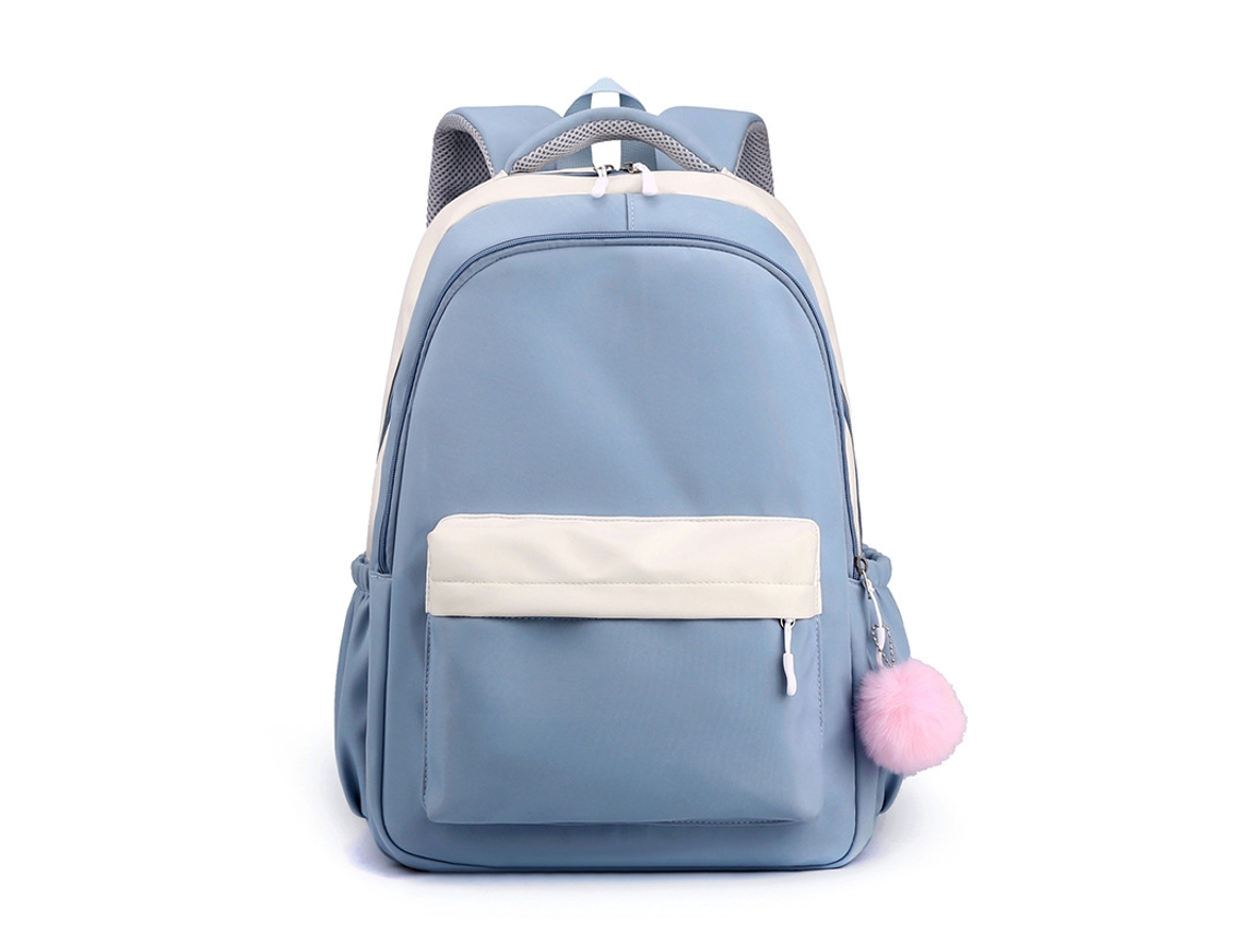 Mochila ligera, portátil e impermeable, azul con pompón de pelo.