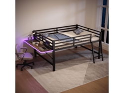 Cama Baja 140x200 Cm - Metal, Sin Colchón, Barandilla, Escalera, Escritorio, Tira Led - Negra