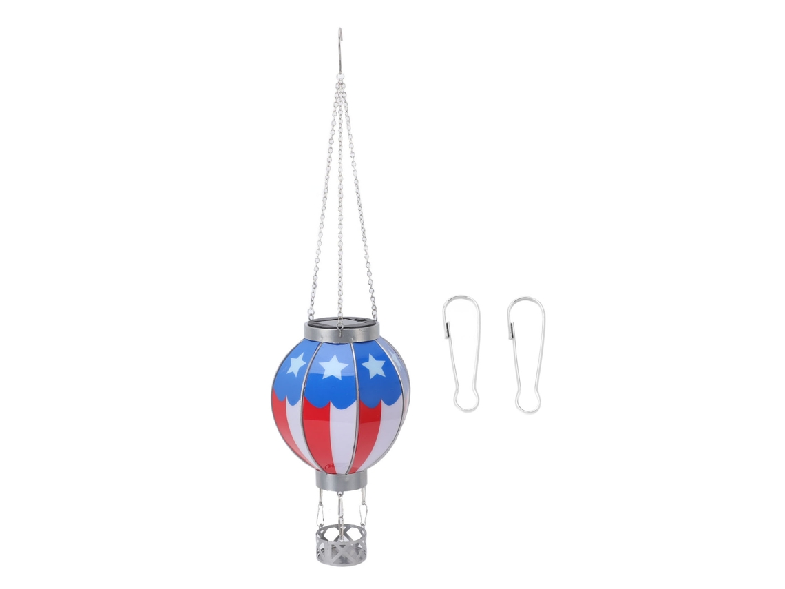 Linterna solar automática con forma de globo aerostático, de hierro abierto, con diseño de bandera patriótica, para colgar en exteriores, para decoración de jardín y patio.