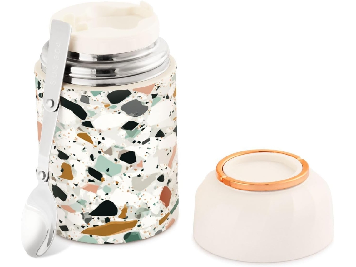Tarro Térmico De Acero Inoxidable Terrazzo Para Adultos Sin Bpa Boca Ancha 500 Ml Incluye Cuchara Grado A...