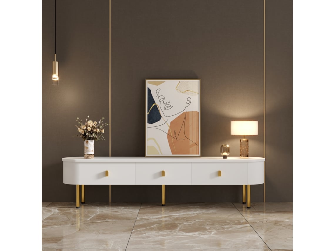 Mueble Bajo Para Tv Con Cajones, Tiradores Y Patas Dorados, Esquinas Curvas