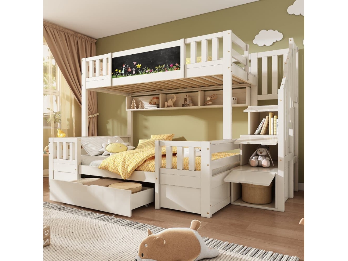 Cama Litera Triple 90x200 140x200 - Madera Maciza, Pizarra, Escalera Con Almacenamiento, 2 Cajones - Blanco