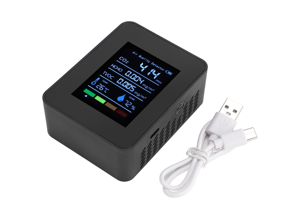 Detector Portátil 5 En 1 De Calidad Del Aire: Co2, Tvoc, Hcho, Humedad Y Temperatura Para Interiores (negro).