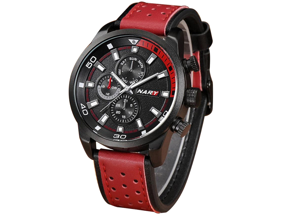 Reloj Hombre Nary Caja Aleación Resistente Agua Correa Cuero Pu Ojo De Gato Rojo Negro