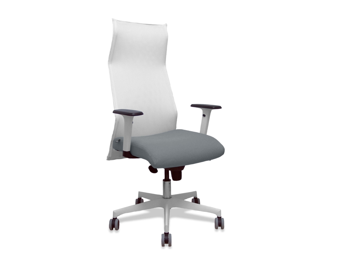 Sillón Albacete con mecanismo Synchro, tapizado en tela gris y malla blanca.
