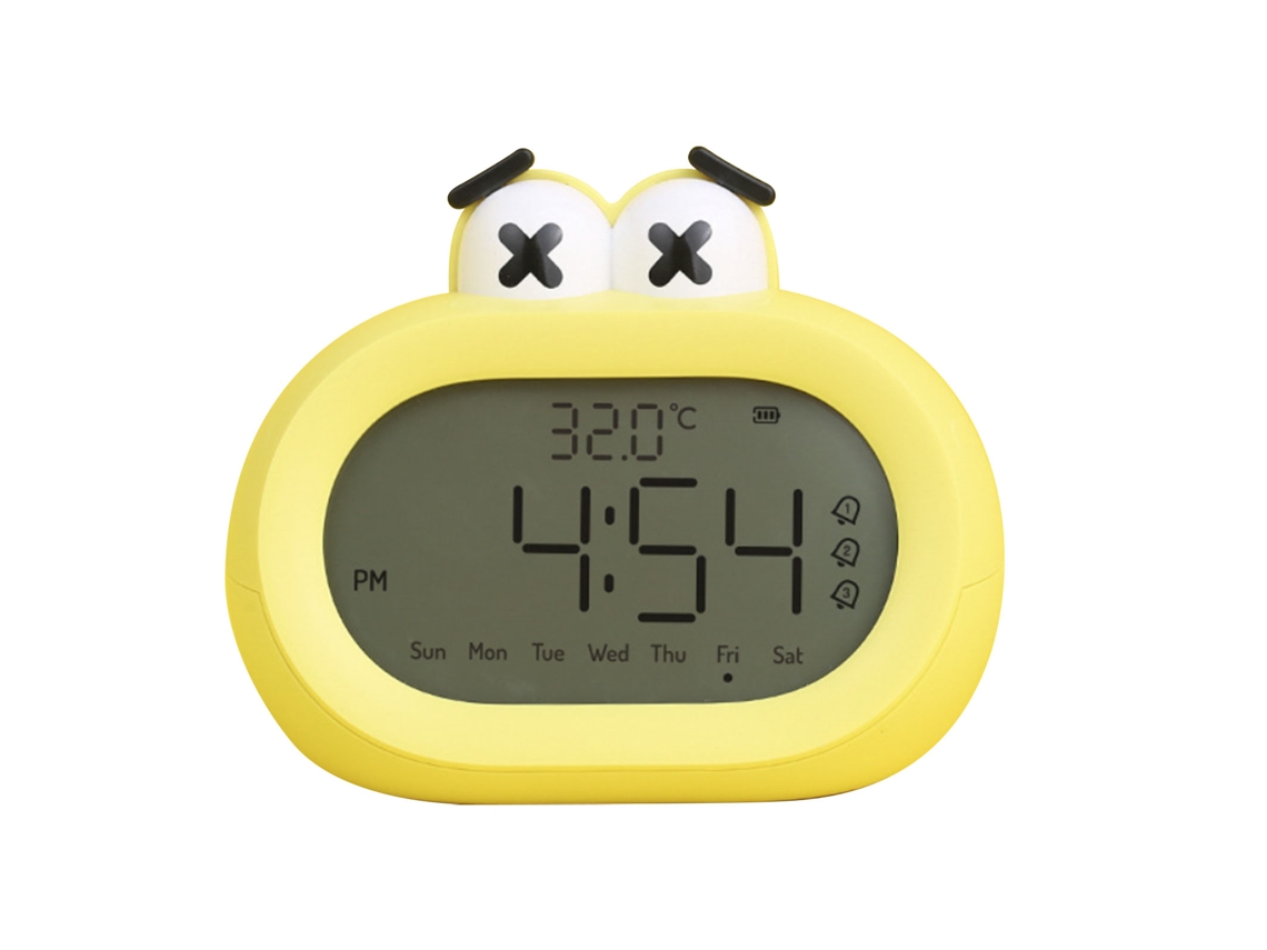 Reloj despertador infantil Baok con luces LED digitales inteligentes, diseño elegante, funciona con pilas y tiene una luz nocturna amarilla.