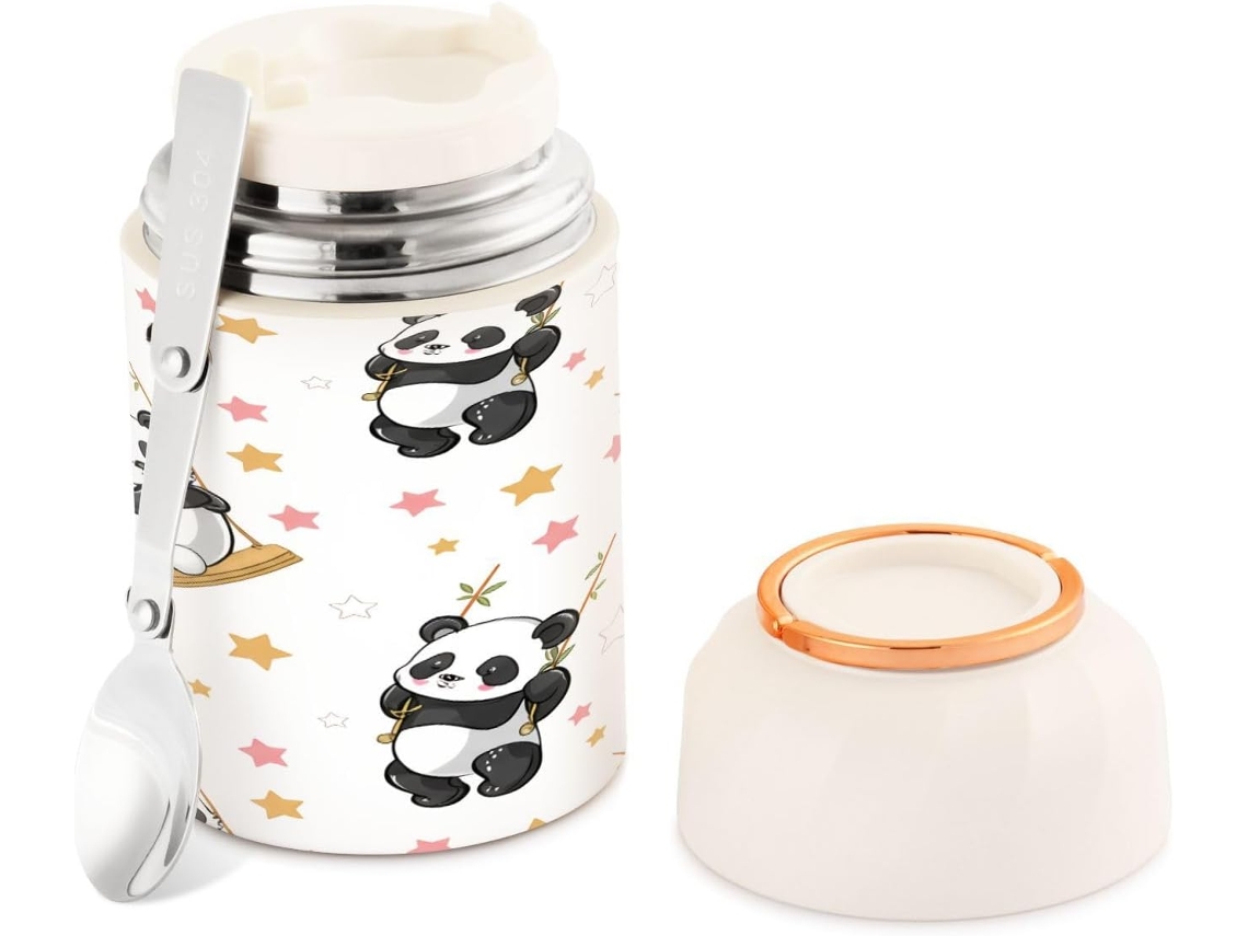 Recipiente térmico de doble pared con cuchara, diseño de pandas, 500 ml, sin marca.