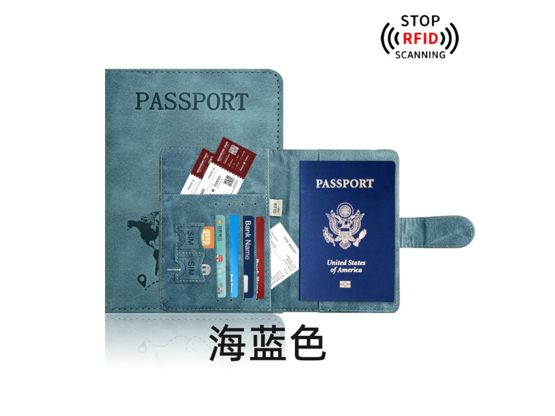 Portapasaportes con compartimento para tarjetas y billetes, protección RFID, de piel. Azul.