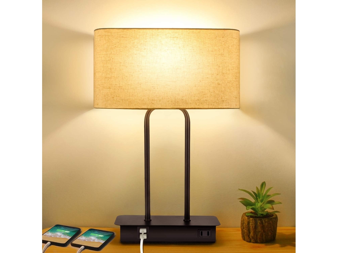 Lámpara de mesa moderna con control táctil regulable de 3 niveles, 2 puertos USB y toma de CA, base de metal y LED incluidos.