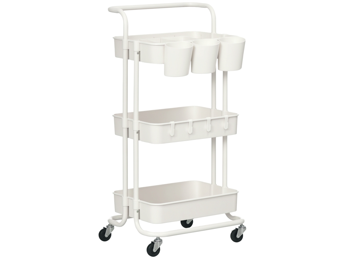 Carro Auxiliar Con Ruedas Y Ganchos Para Colgar Cajas, Blanco, 42x38x86,5