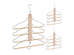 Relaxdays Perchas Múltiples, 4 En 1, Ahorra Espacio, Set De 3, Barra Pantalones, Madera Loto Y Metal, Natural Y Plateado