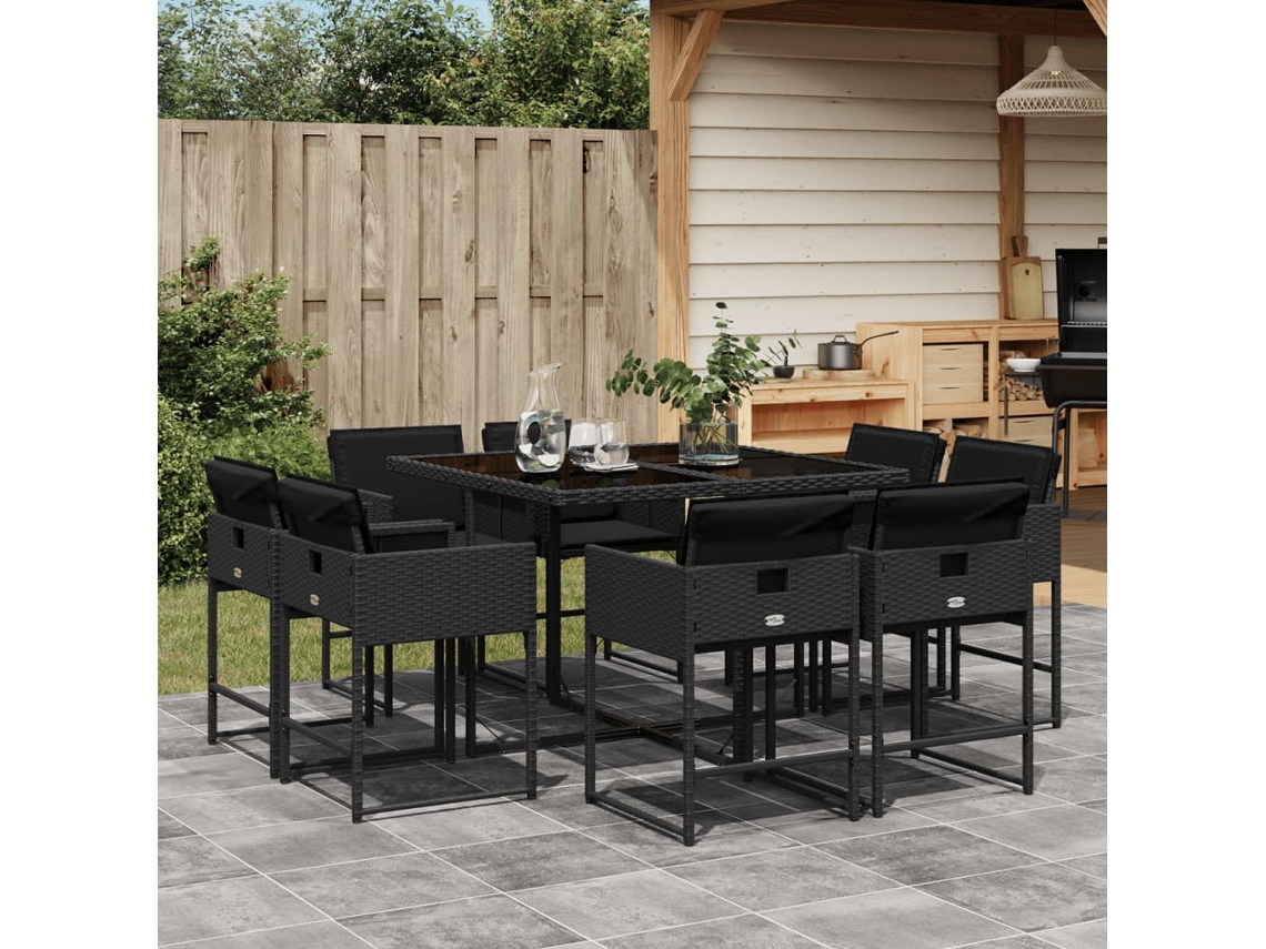 Juego de comedor de jardín de 9 piezas con cojines de mimbre negros de DKD Home Decor