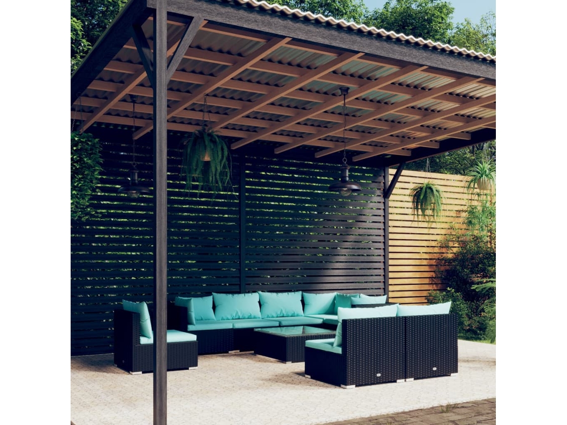 Conjunto de jardín de 9 piezas con cojines, mimbre sintético negro, DKD Home Decor