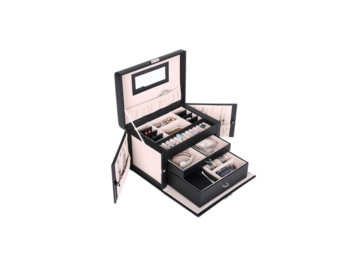 Joyero Organizador 3 Niveles 2 Cajones Con Cerradura Y Llave 26x18 Cm - Negro