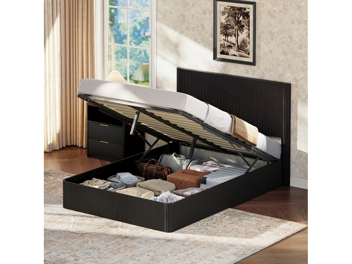 Cama Hidráulica Acanalada Con Listones De Madera Negra, 140x200