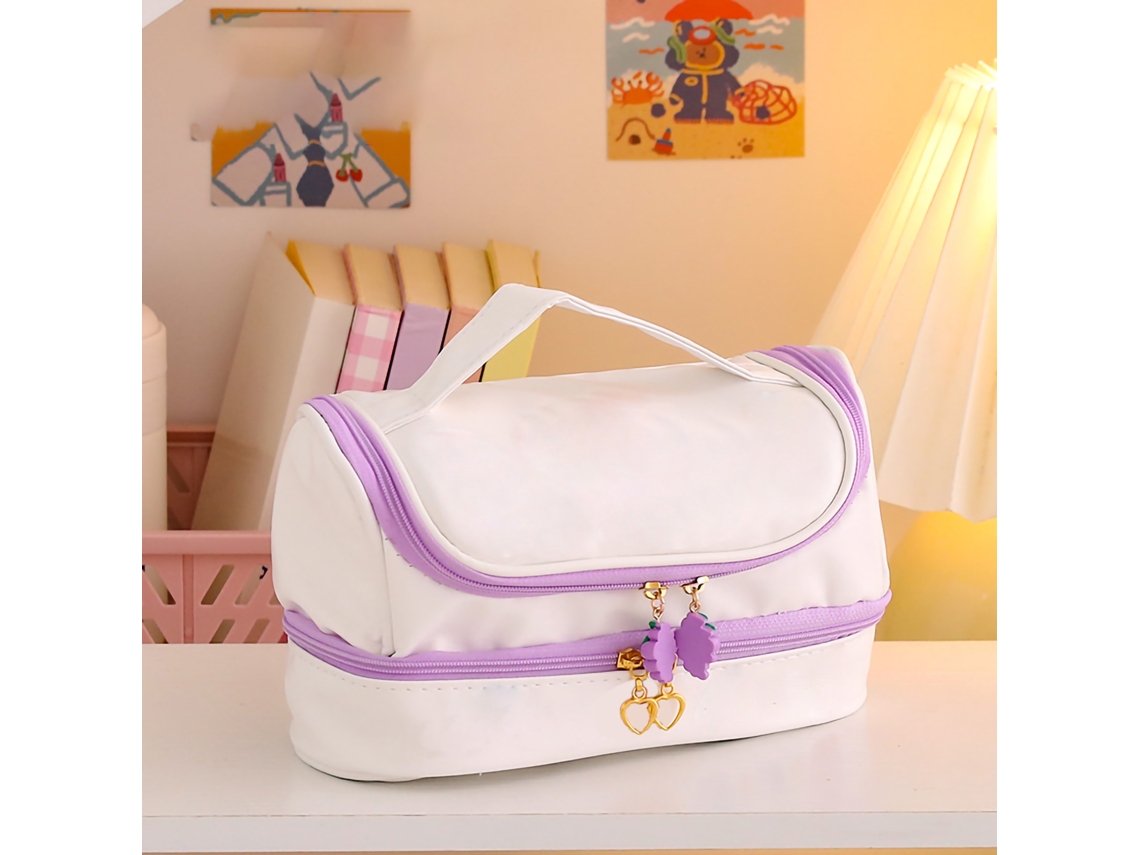 Estuche Para Lápices Impermeable De Pu Con Diseño De Dibujos Animados, 2 Capas Y Doble Cremallera - Morado Fresa