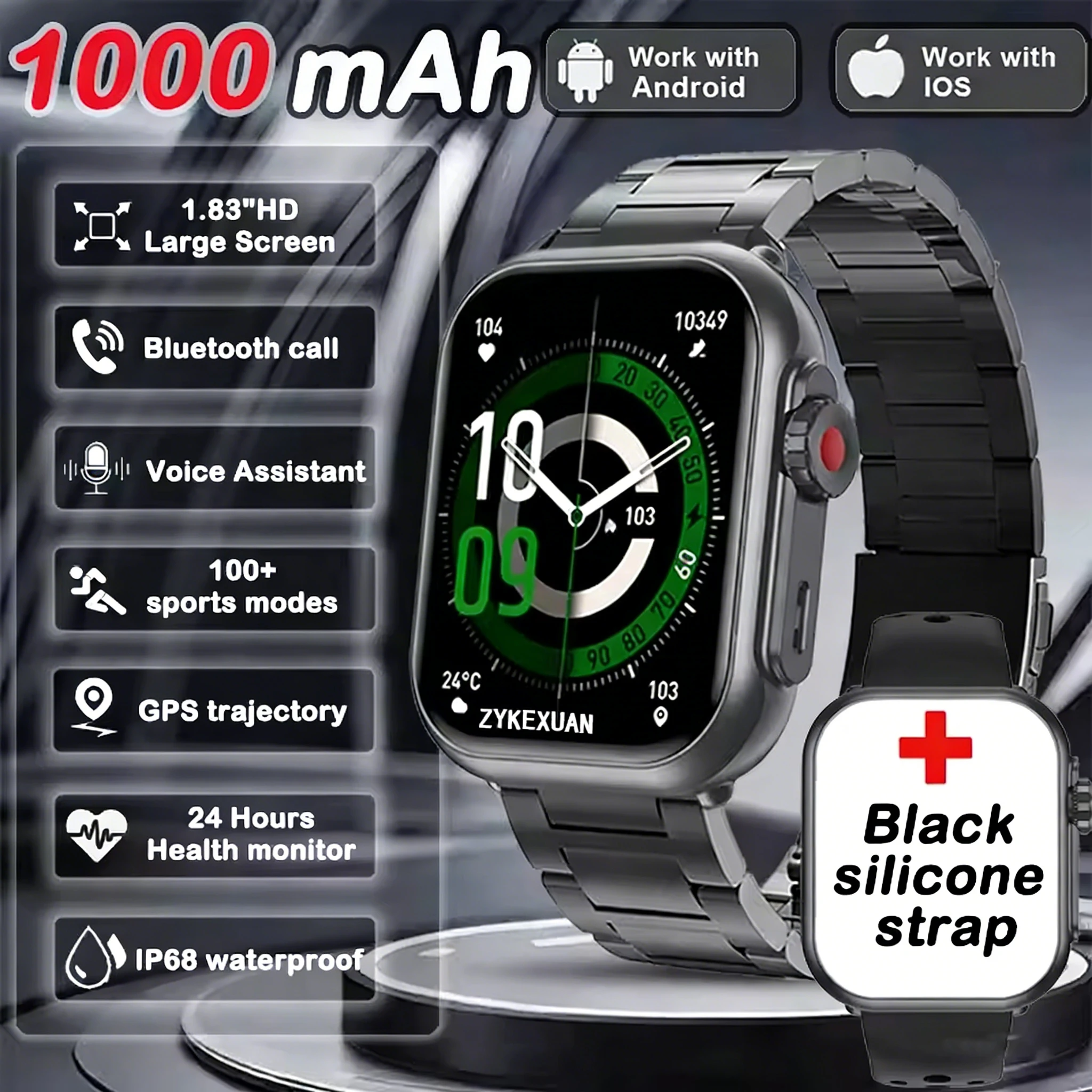 Reloj inteligente (negro, brazalete de acero), pantalla táctil HD AMOLED de 1,83 pulgadas, resistencia al agua IP68, llamadas Bluetooth.