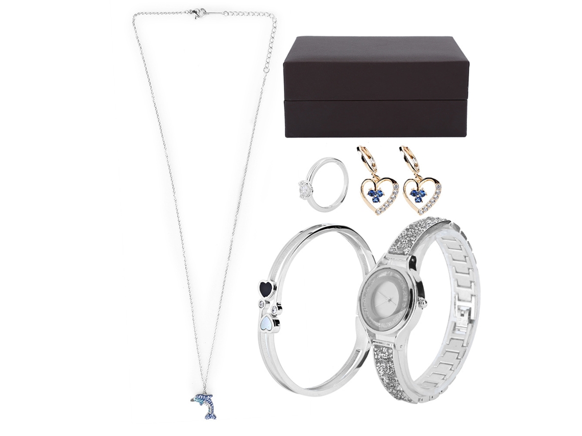 Conjunto De Regalo De Reloj Y Joyas Para Mujer: Pendientes, Anillo, Collar Y Pulsera, Plata/oro.