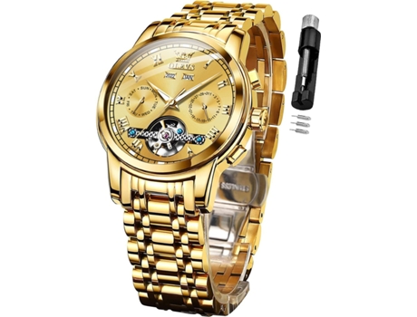 VEANXIN Reloj Automático para Hombre Reloj Mecánico de Negocios de Acero Inoxidable Multicalendario Reloj Luminoso Impermeable(oro)