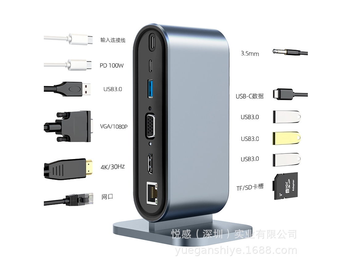 Estación de acoplamiento USB-C 12 en 1 Bestvite para MacBook Pro PD RJ45 VGA HD 4K 30Hz USB 3.0 TF SD Gris