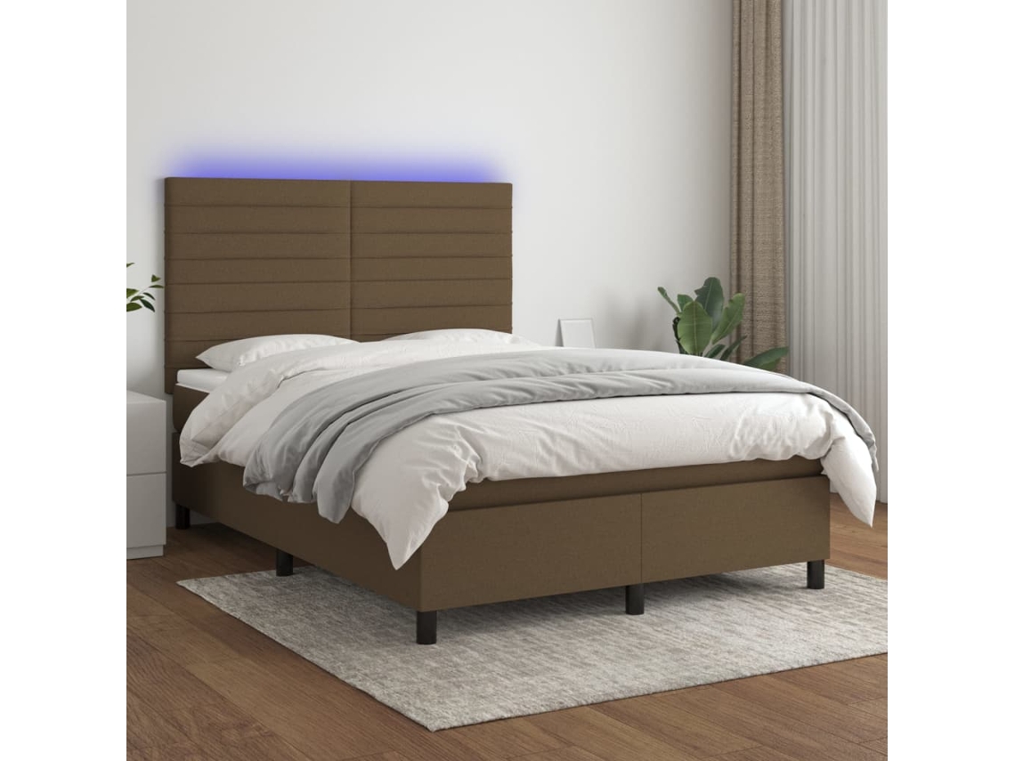 Cama Box Spring Colchón Luces Led Tela Marrón Oscuro 140x200cm