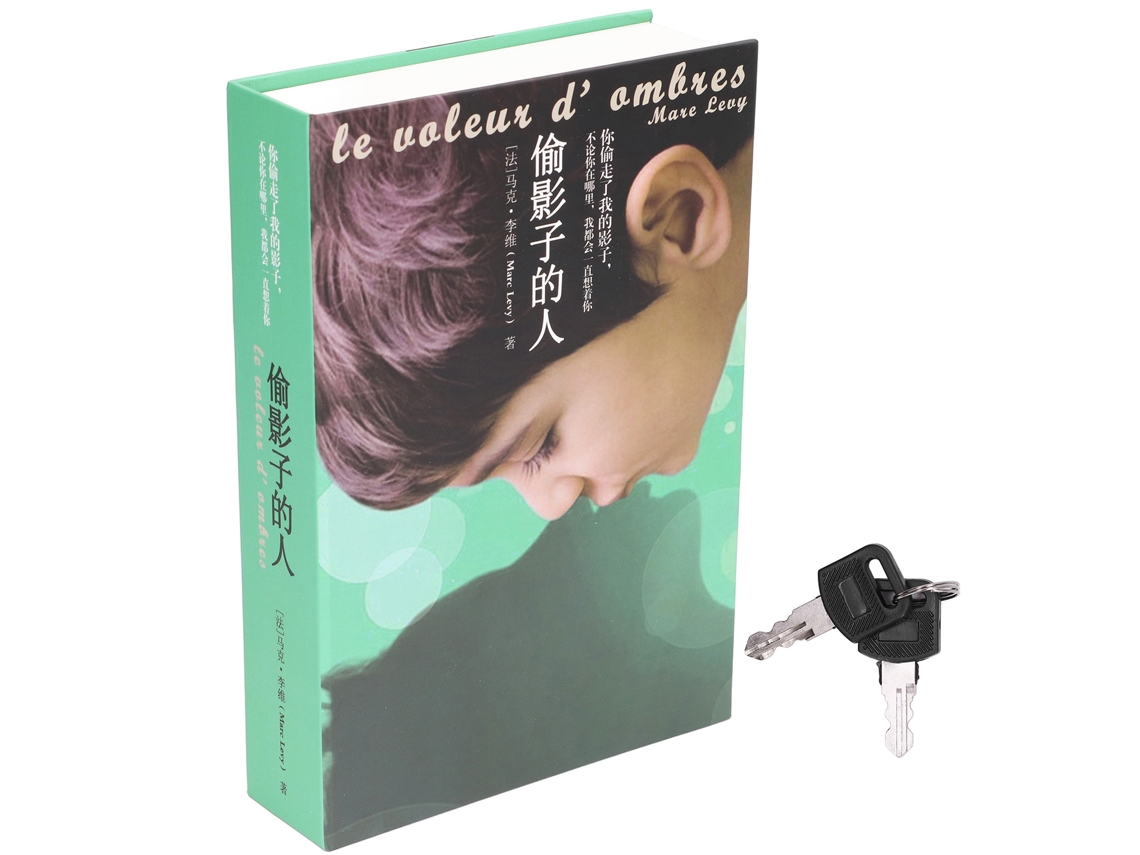 Caja con forma de libro simulado y cerradura portátil para objetos de valor.