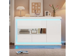 Mueble Salón 140x40x84 Cm - Comoda Moderna Con 4 Compartimentos, Iluminación Led, Puertas De Vidrio Templado - Blanco