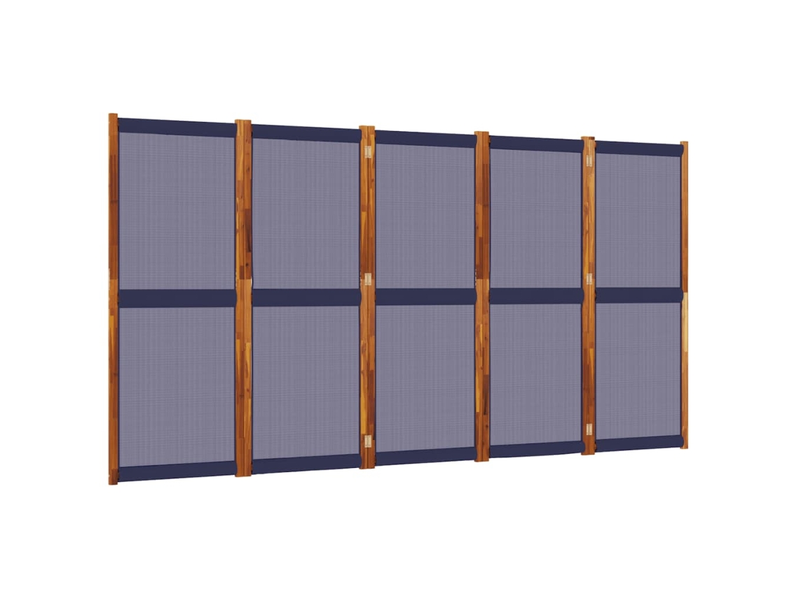 Biombo separador de ambientes, 5 paneles, 350 x 180 cm, Textilene azul y madera, Dec030967