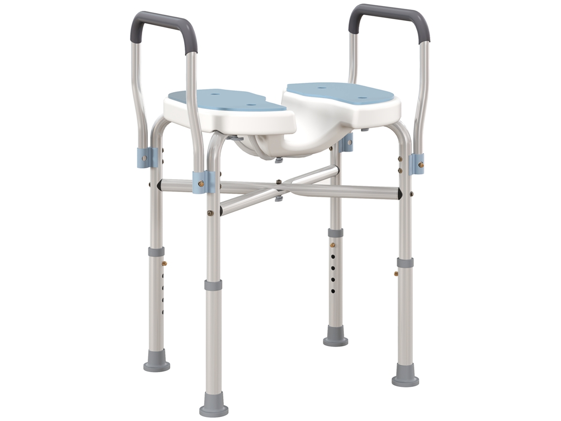 Taburete de ducha con asiento y reposabrazos acanalados, altura regulable y patas antideslizantes, color azul.