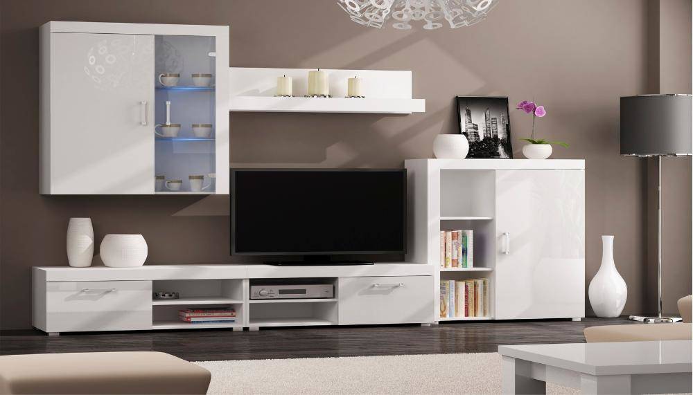 Mueble Comedor Salon moderno leds acabado en blanco brillo lacado y mate 290x200x45 cm conjunto de tv skraut home 1gammablanco 290x200x45cm