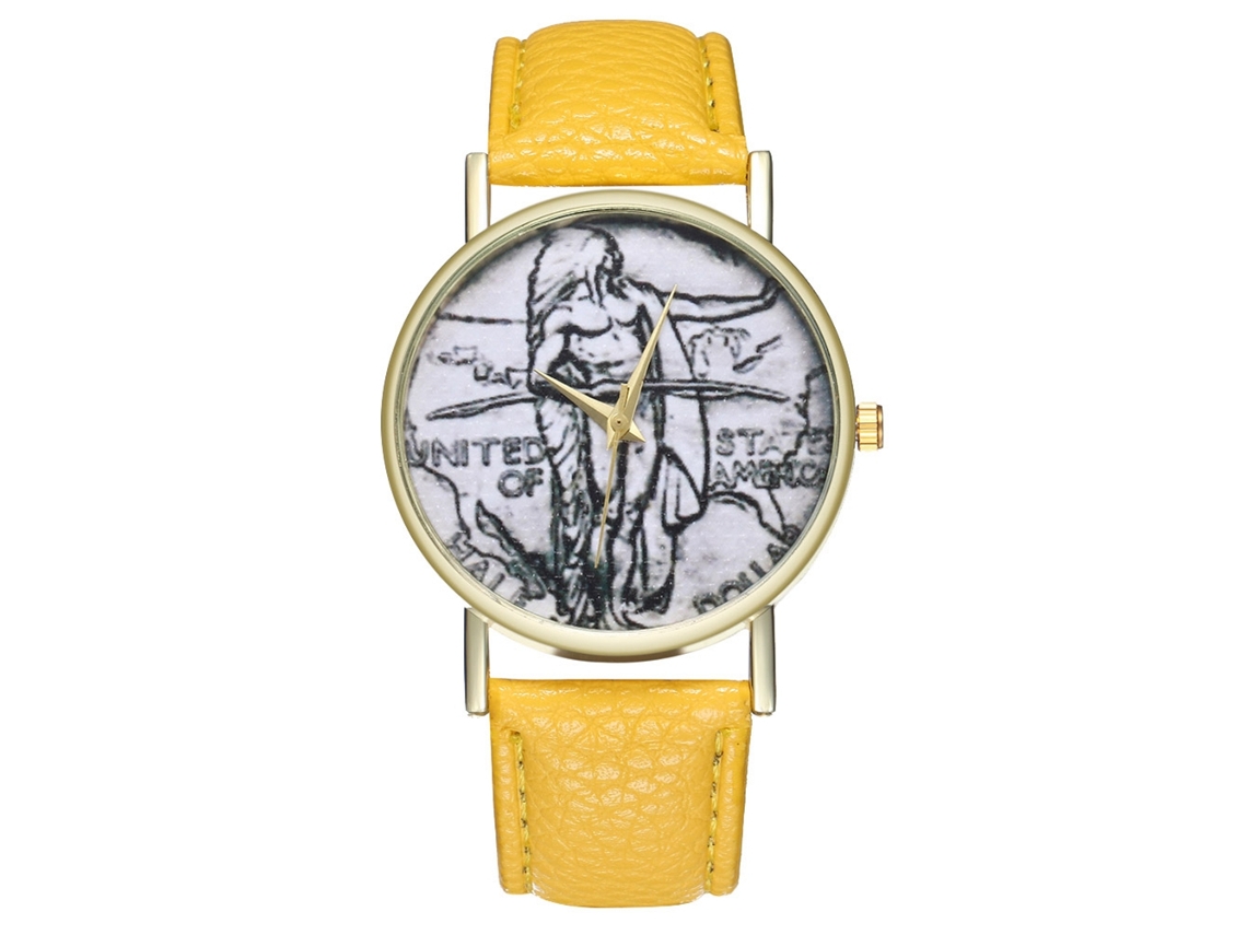 Reloj De Pulsera Unisex Zhoulianfa Con Correa De Cuero Sintético Y Clásica Ilustración Amarilla.