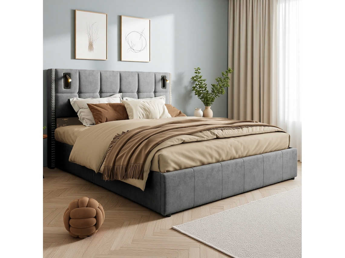 Cama De Matrimonio 140x200cm Con Almacenamiento Hidráulico Y Sistema Neumático, Cama Tapizada Moderna Lino Gris Con Luces De Lectura Y Tachuelas