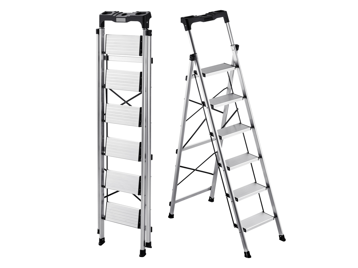 Escalera plegable de aluminio de 6 peldaños con VEVOR, peldaños anchos antideslizantes y asa de mano, capacidad de 150 kg