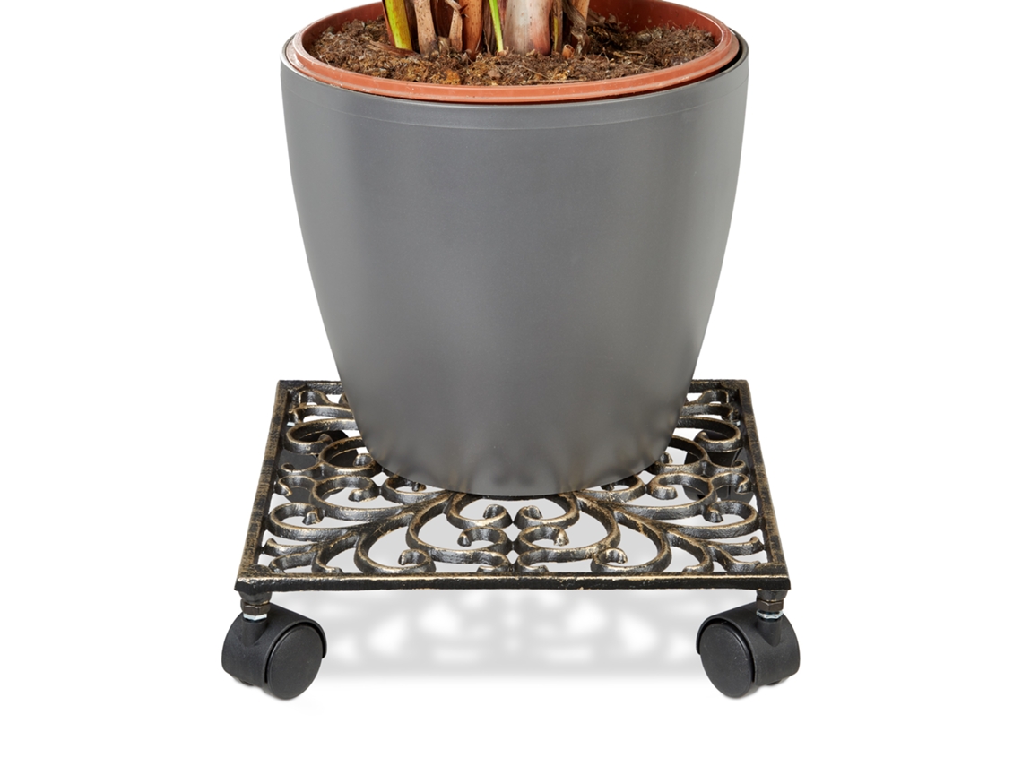 Relaxdays Soporte Cuadrado Con Ruedas Para Plantas, Hierro Fundido, Para Exterior, 7,5 X 27,5 X 27,5 Cm, 1,6 Kg, Bronce