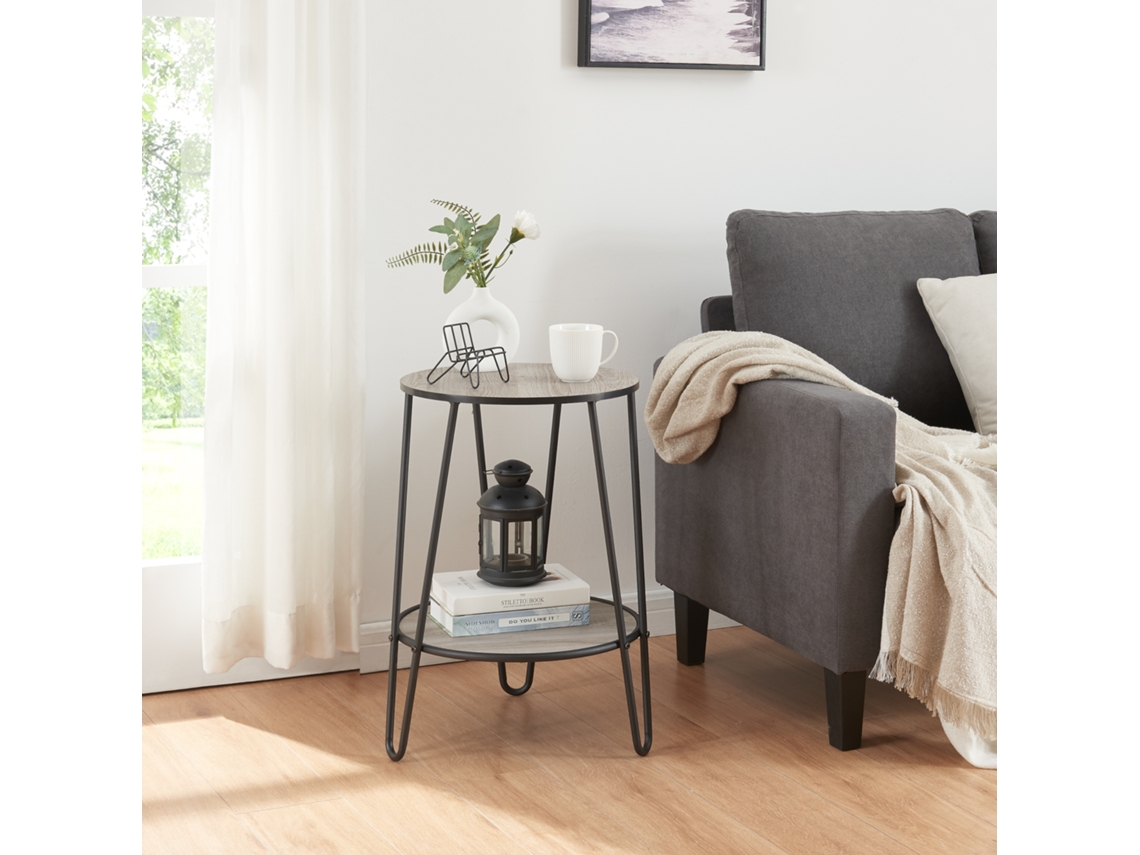 Mesa auxiliar Ylöjärvi redonda con estante MDF metal 61x44x44cm - Negro/Roble [EN.CASA]