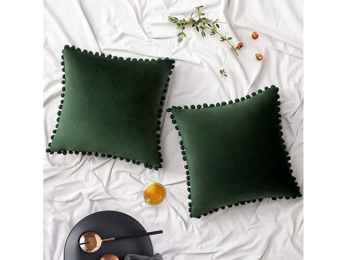 Rebe-fundas De Almohada De Terciopelo Con Pompones Verdes Oscuros 45x45cm Pack De 2 Decoración Navideña Sofá Coche