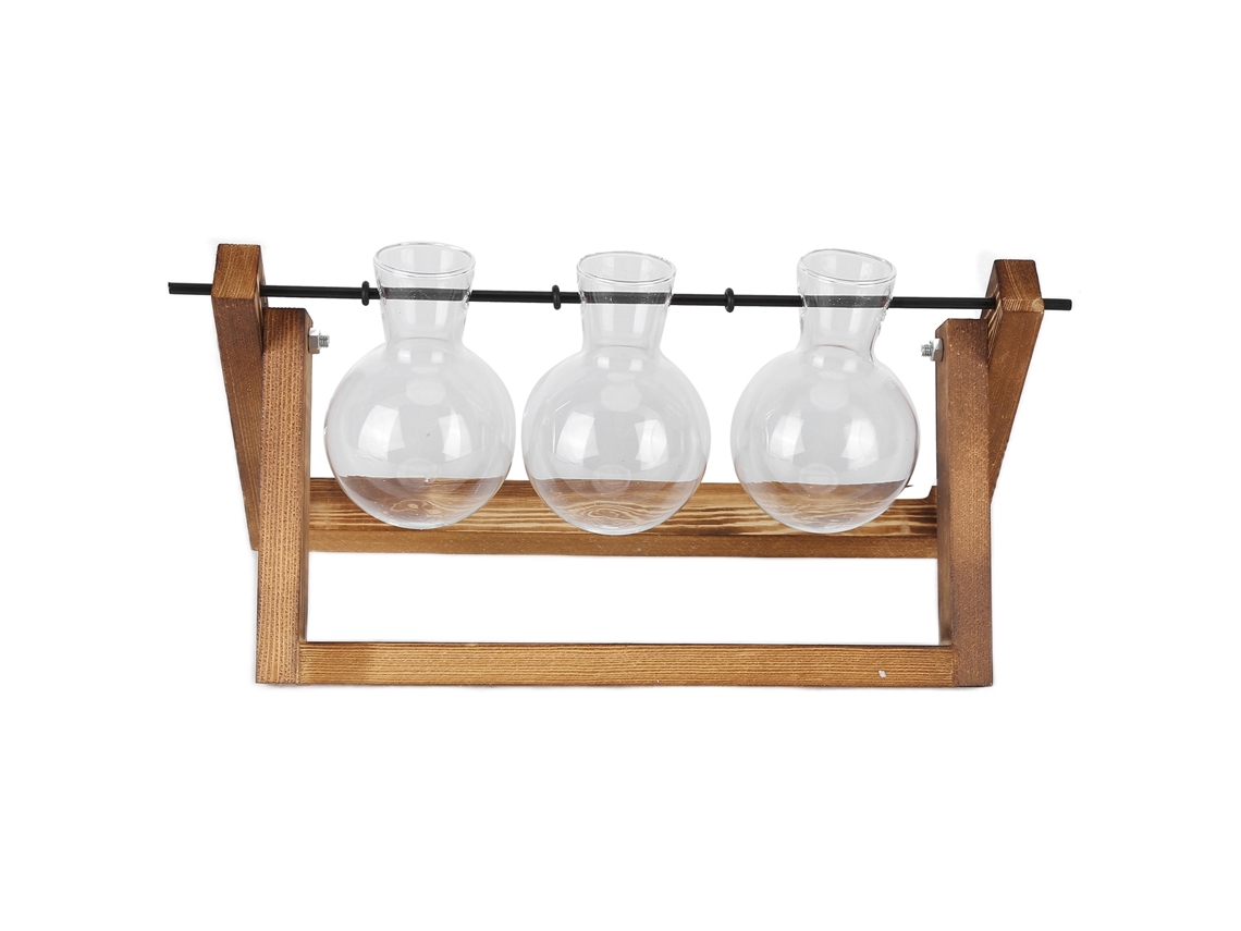 Terrario De Cristal Con Soporte De Madera Para Decoración Del Hogar/oficina - 3 Botellas