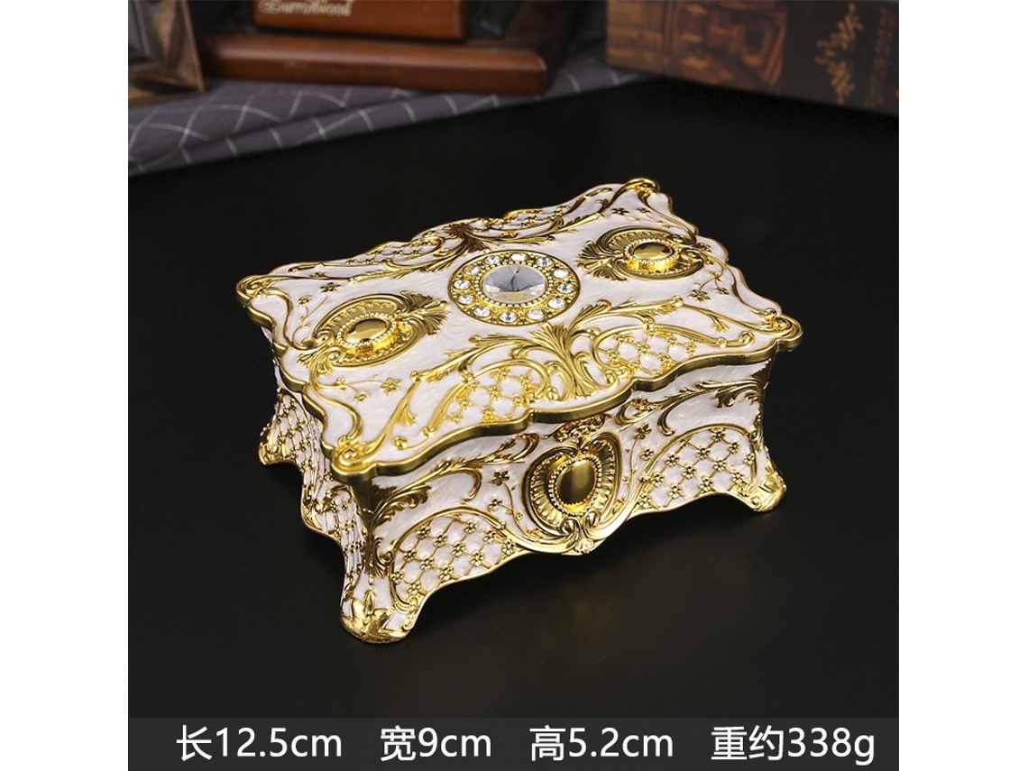 Gran joyero de estilo europeo, dorado y blanco, con decoración de esmalte metálico.